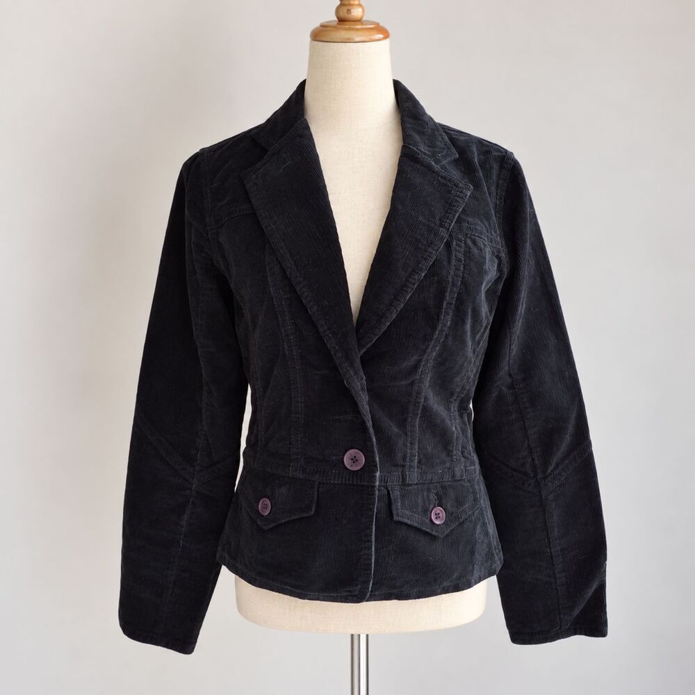 Vintage Billy Blues Corduroy Blazer Women L Black Fitted Jacket Purple Buttons